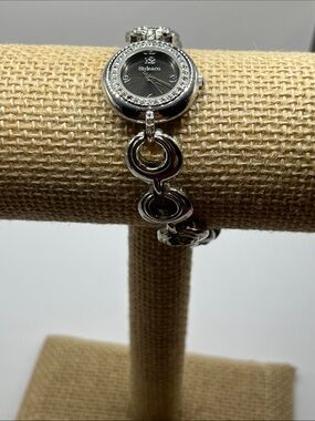 Style & Co Silver Link Bracelet Watch with Black Dial & Crystals New Battery